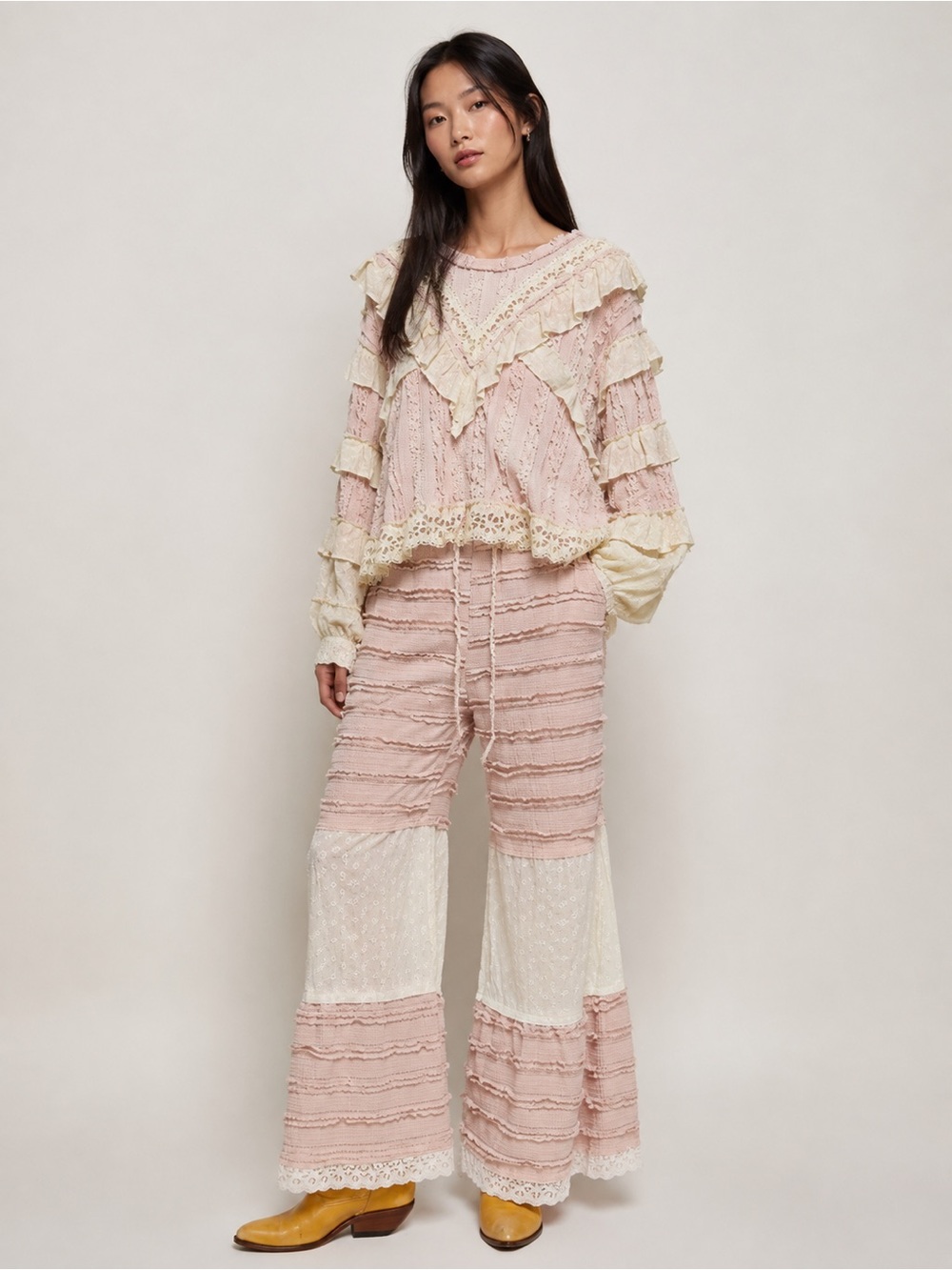 POL Blush Pink Lace Ruffle Boho Wide Leg Two-Piece Set